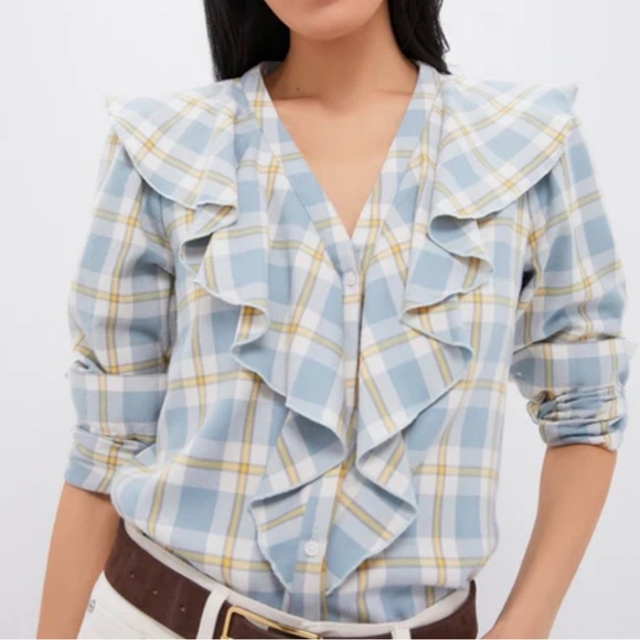Tuckernuck Tops - Tuckernuck Blue Plaid Button Down Shirt Ruffle Blouse NWT medium New with tags